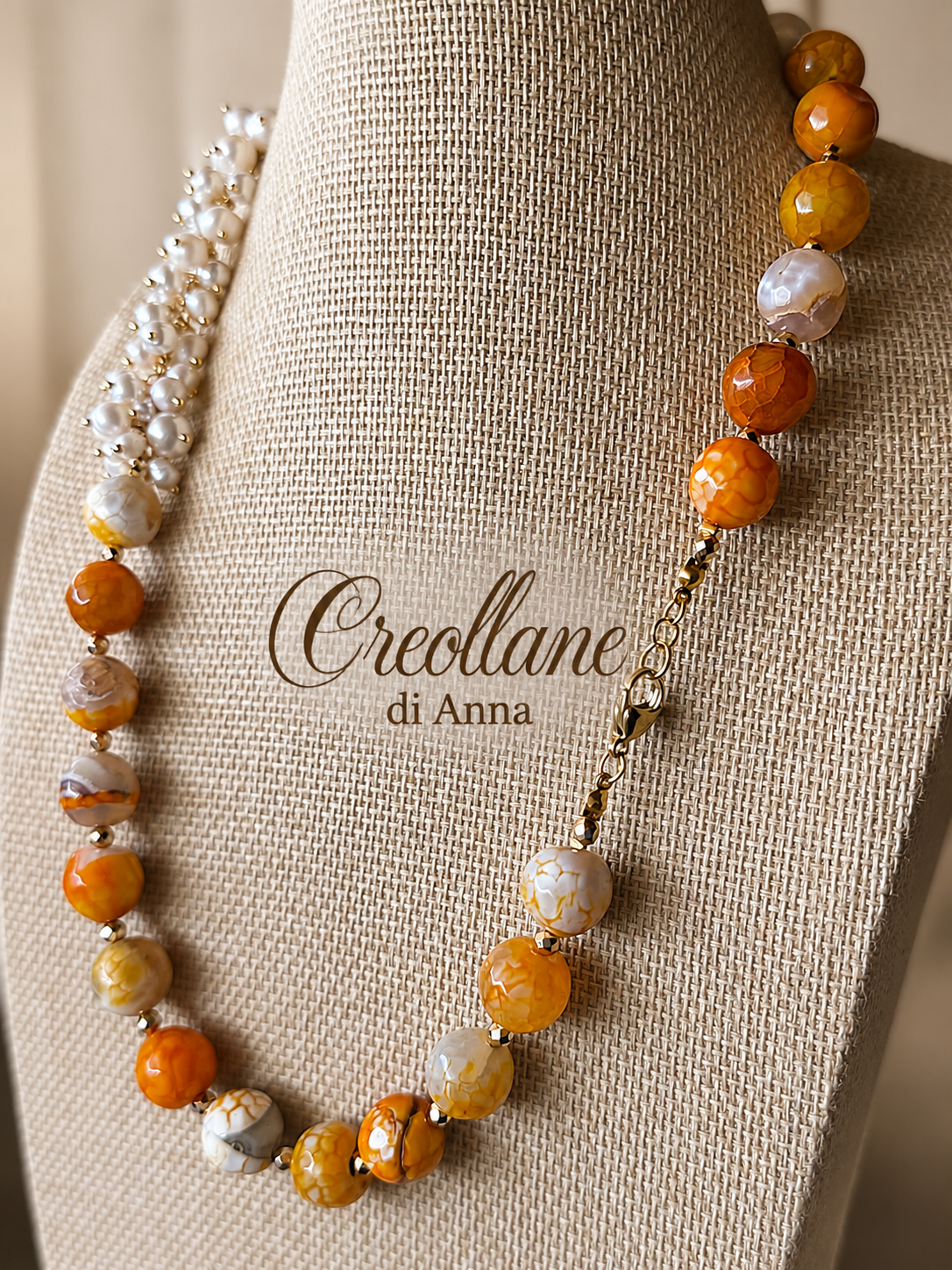 Collana Agata Tinta Sfaccettata con Perle Naturali e Ematite | Giallo Arancione, Bianco, Ocra | Made in Italy