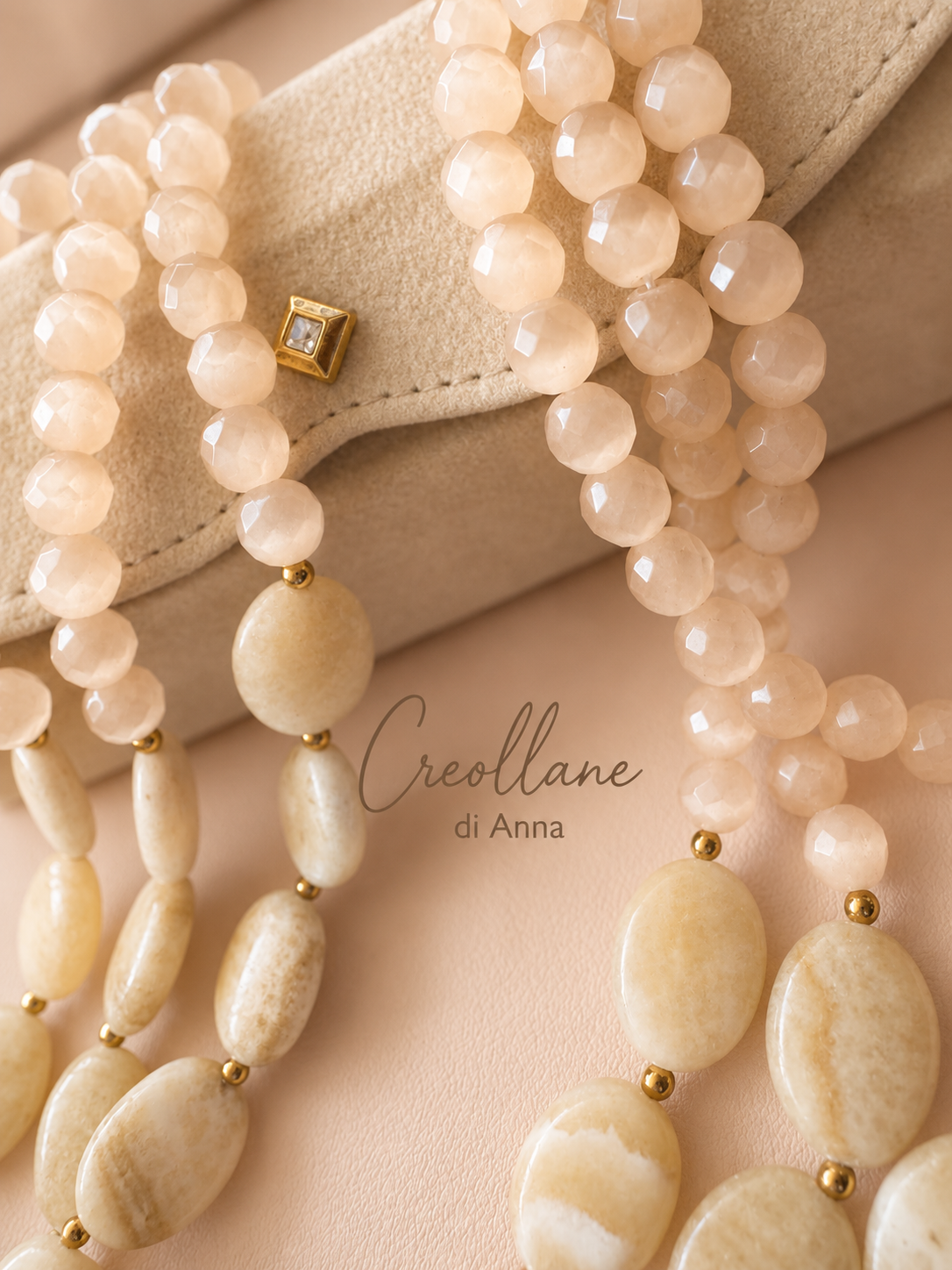 Collana Girocollo Multifilo in Opale Naturale e Pietra di Luna | Beige, Avorio | Made in Italy