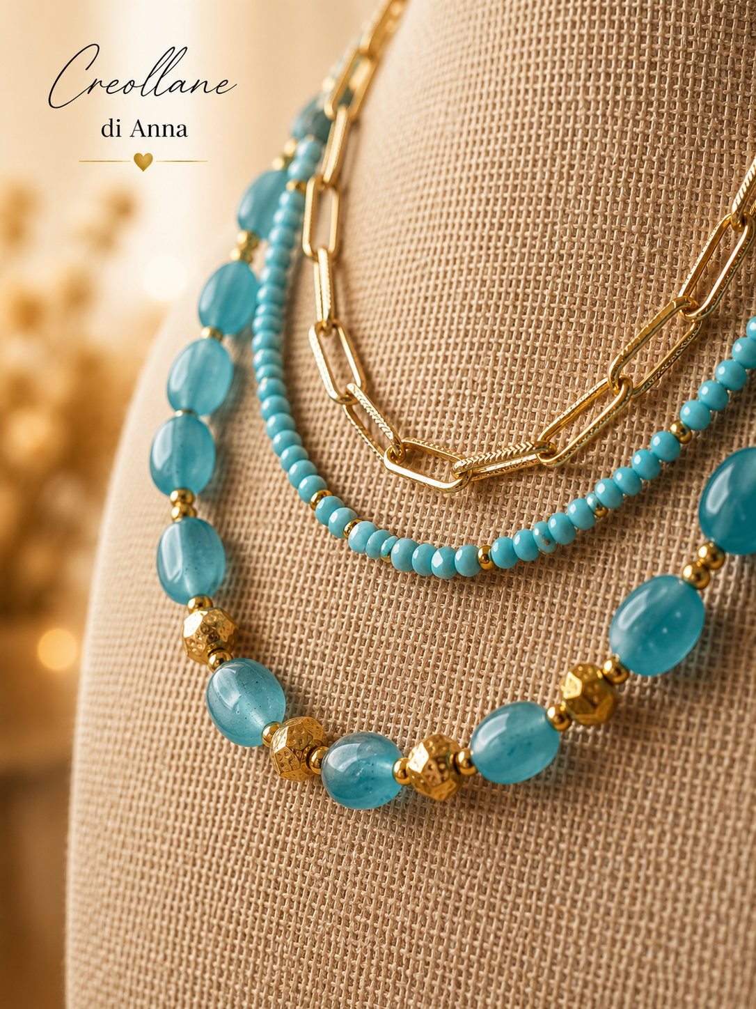 Collana Multifilo a Girocollo Tre Fili con Pietre Naturali | Viola, Bianco, Azzurro, Blu, Rosa | Made in Italy