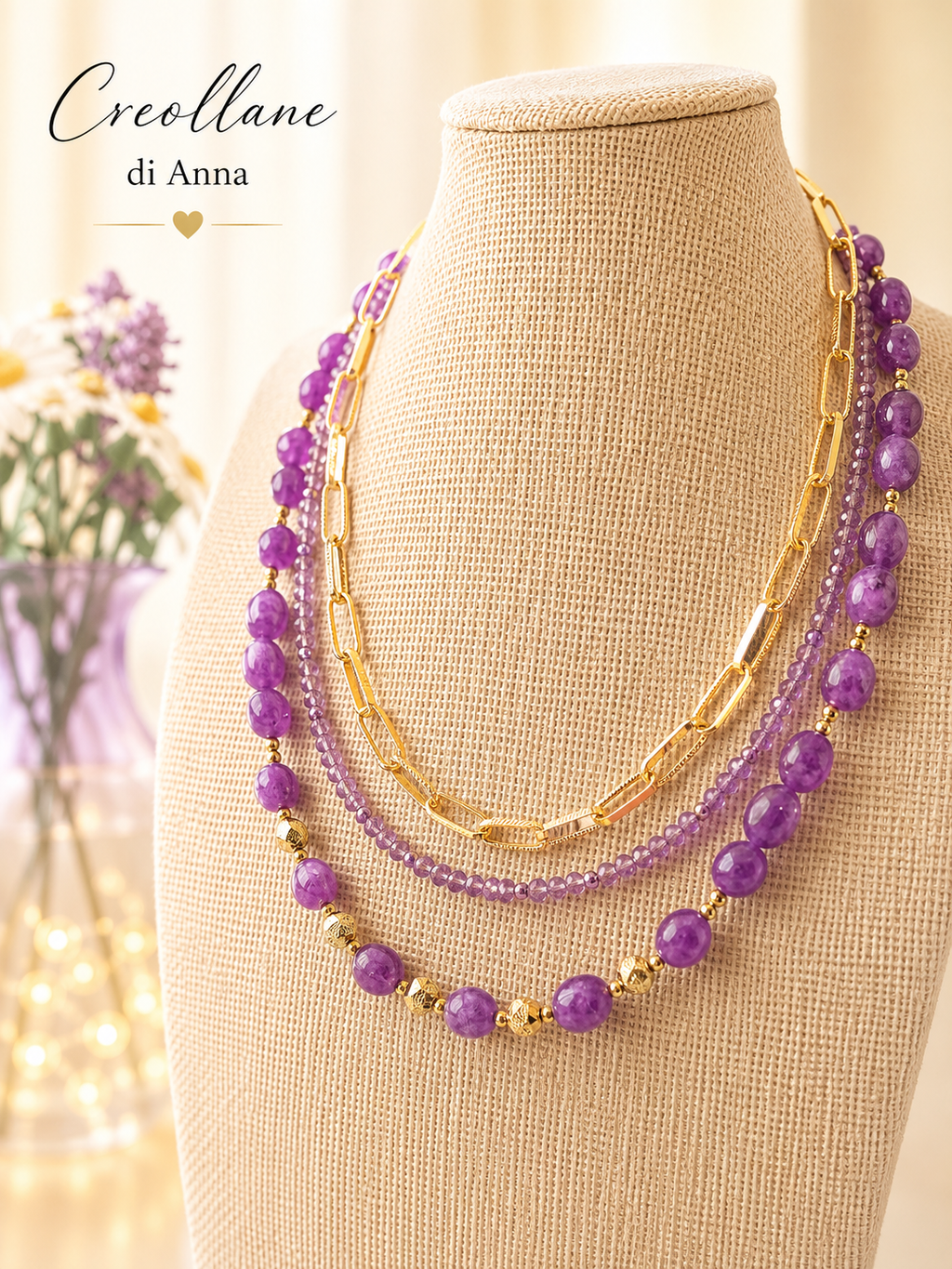 Collana Multifilo a Girocollo Tre Fili con Pietre Naturali | Viola, Bianco, Azzurro, Blu, Rosa | Made in Italy