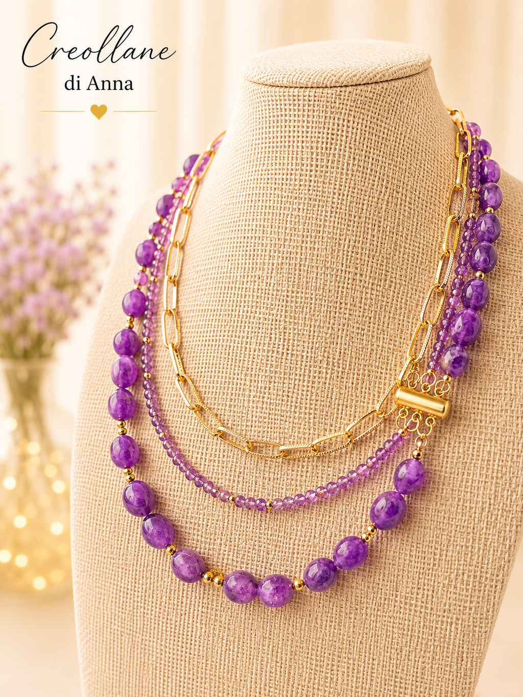 Collana Multifilo a Girocollo Tre Fili con Pietre Naturali | Viola, Bianco, Azzurro, Blu, Rosa | Made in Italy