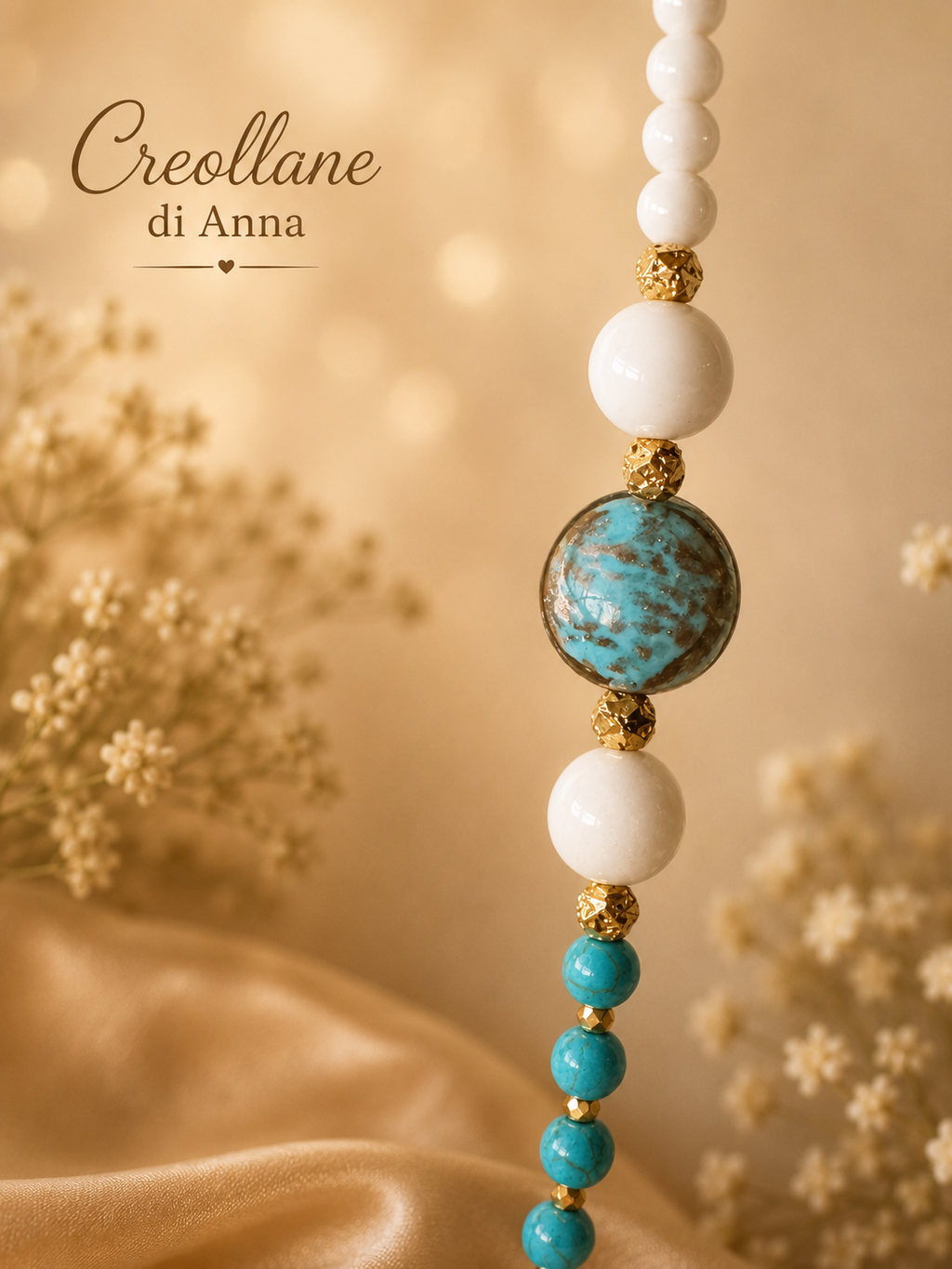 Collana Lunga Pietre Naturali – Agata Bianca, Ematite e Turchinite | Made in Italy