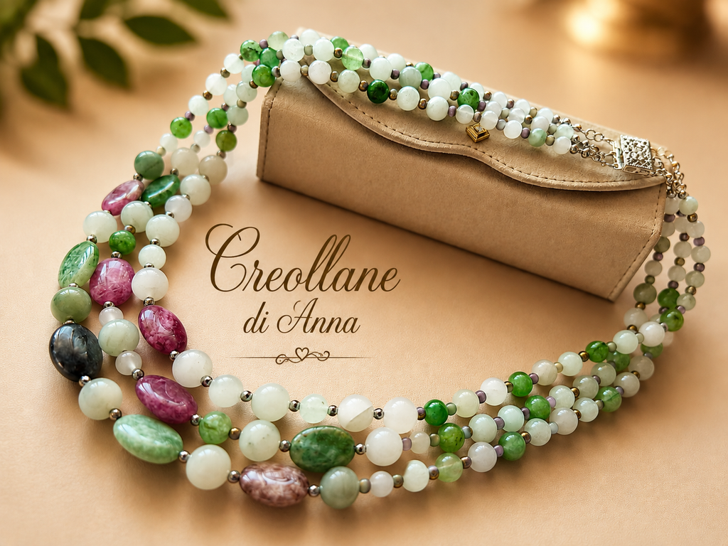 Collana Girocollo Multifilo Artigianale Handmade | Giadite, Agata Verde, Giada Fucsia e Ematite | Made in Italy