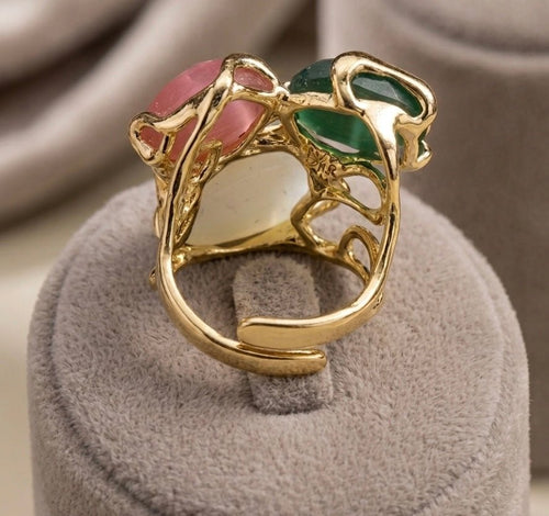 Anelli Anello Regolabile in Bronzo Dorato con Occhi di Gatto Verde, Bianco e Rosa - Handmade Made in Italy