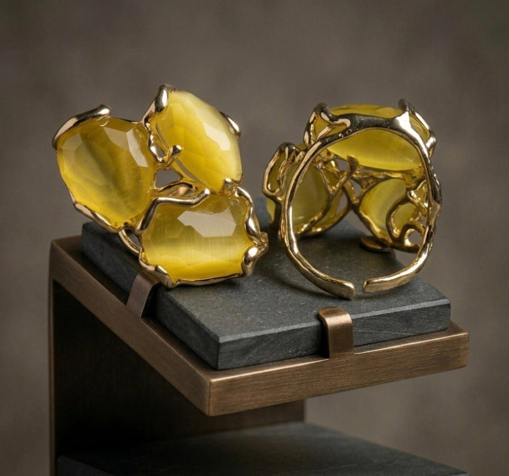Anelli Anello Regolabile in Bronzo Dorato con Occhio di Gatto Giallo - Handmade Made in Italy