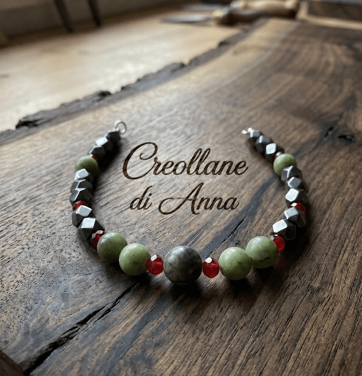 Bracciali Bracciale Uomo Ematite, Serpentino e Cristallo Rosso | Handmade Made in Italy - Handmade Made in Italy