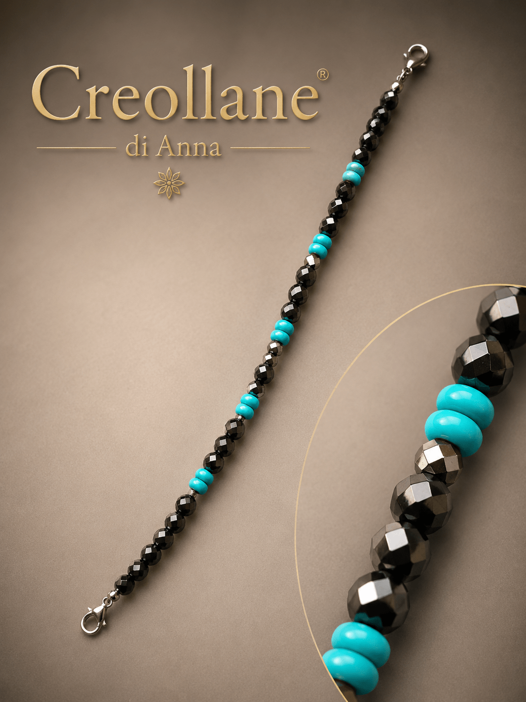 Bracciali Bracciale Uomo Onice Nero, Turchinite Azzurra ed Ematite Esagonale | Handmade Made in Italy - Handmade Made in Italy