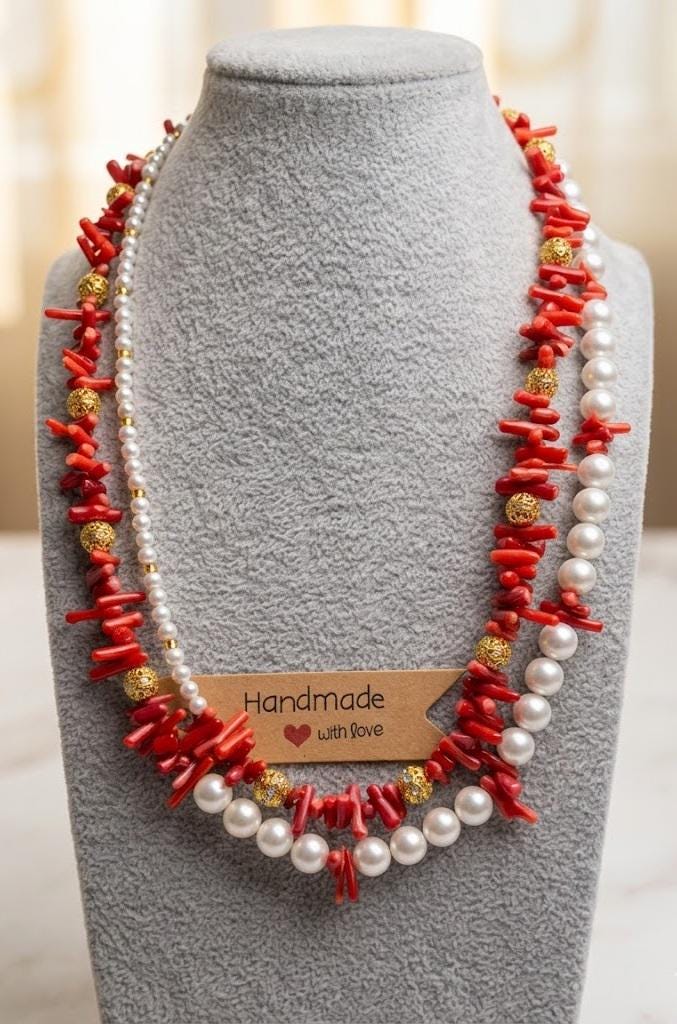 Collana multifilo in perle e corallo bambù.