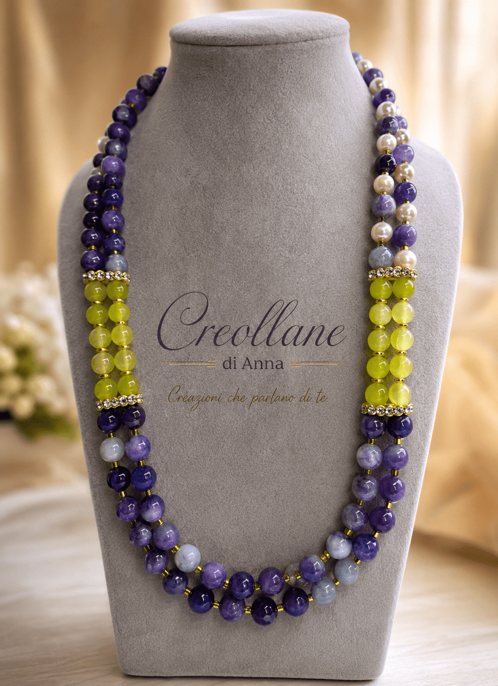 Collana Collana Girocollo Due Fili – Agata Viola, Serpentino Verde e Perle di Maiorca - Handmade Made in Italy