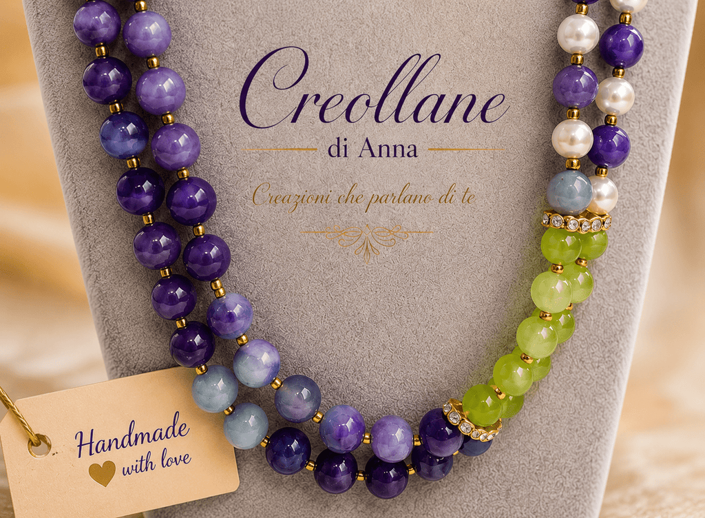 Collana Collana Girocollo Due Fili – Agata Viola, Serpentino Verde e Perle di Maiorca - Handmade Made in Italy