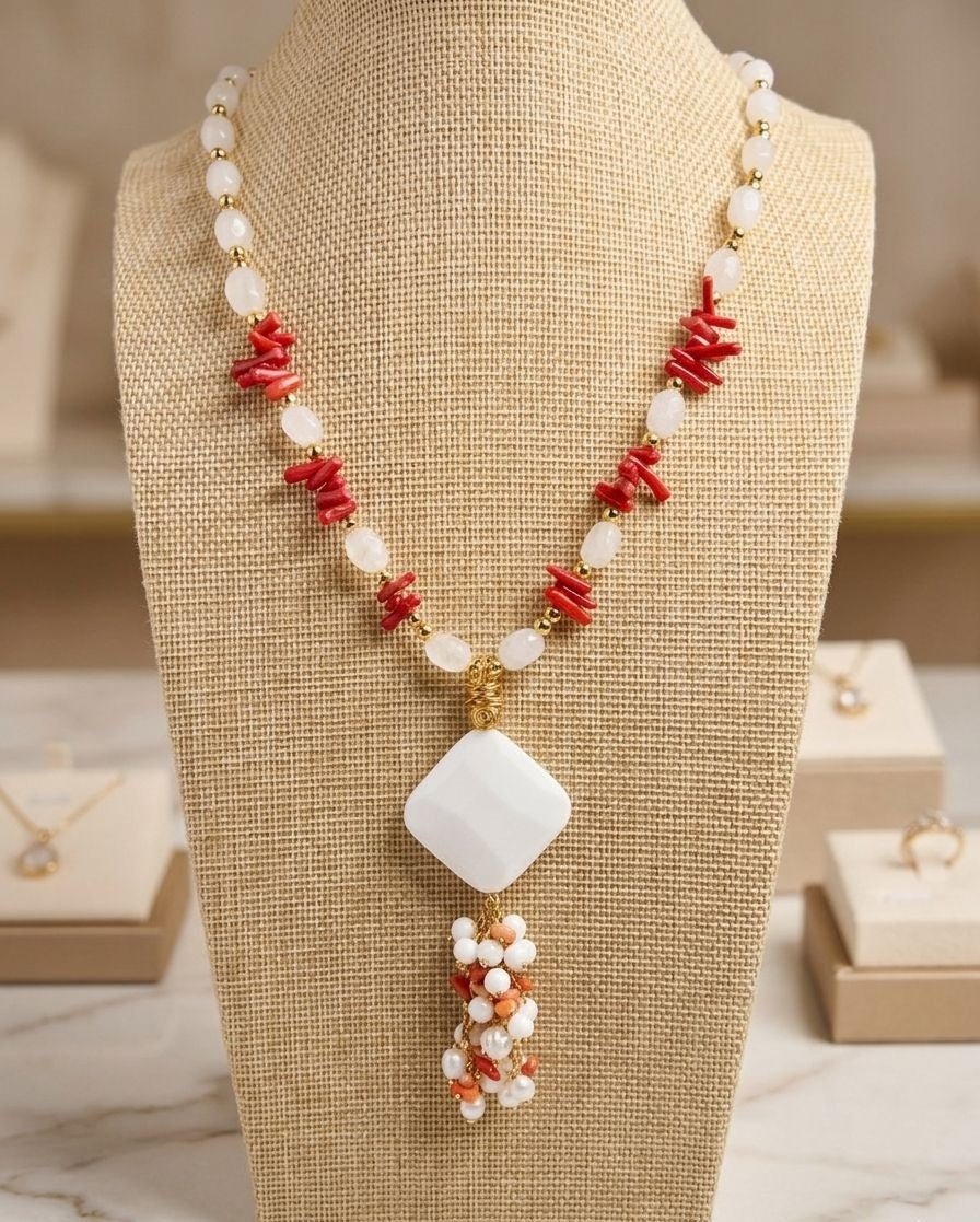 Collana Collana in Quarzo Latteo e Corallo Bambù Rosso con Opale Bianco – Handmade - Handmade Made in Italy