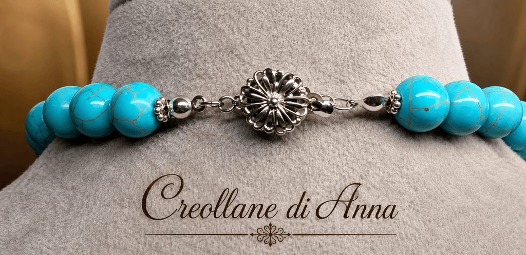 Collane Collana a Filo Artigianale Handmade | Turchinite, Ciondolo Fiore in Acciaio e Spaziatori Silver con Greche | Made in Italy - Handmade Made in Italy
