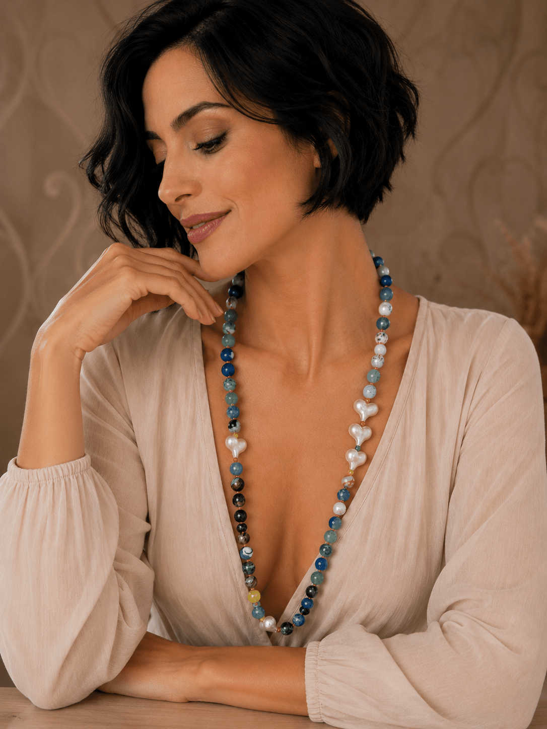 Collane Collana Artigianale Handmade | Agata Tinca Blu e Cuori Bianchi | Made in Italy - Handmade Made in Italy