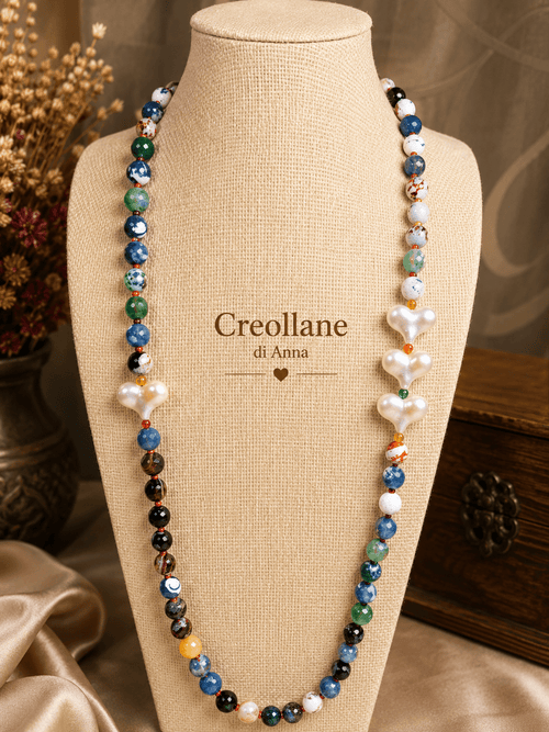 Collane Collana Artigianale Handmade | Agata Tinta Blu e Cuori Bianchi | Made in Italy - Handmade Made in Italy