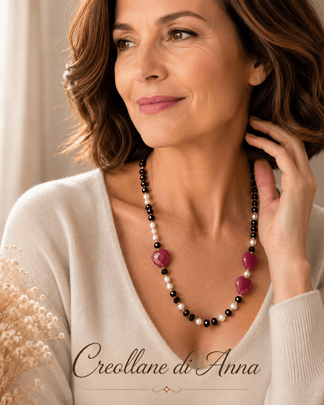Collane Collana Artigianale Handmade | Calcedonio Nero, Giada Fucsia a Cuore e Perle di Fiume | Made in Italy - Handmade Made in Italy