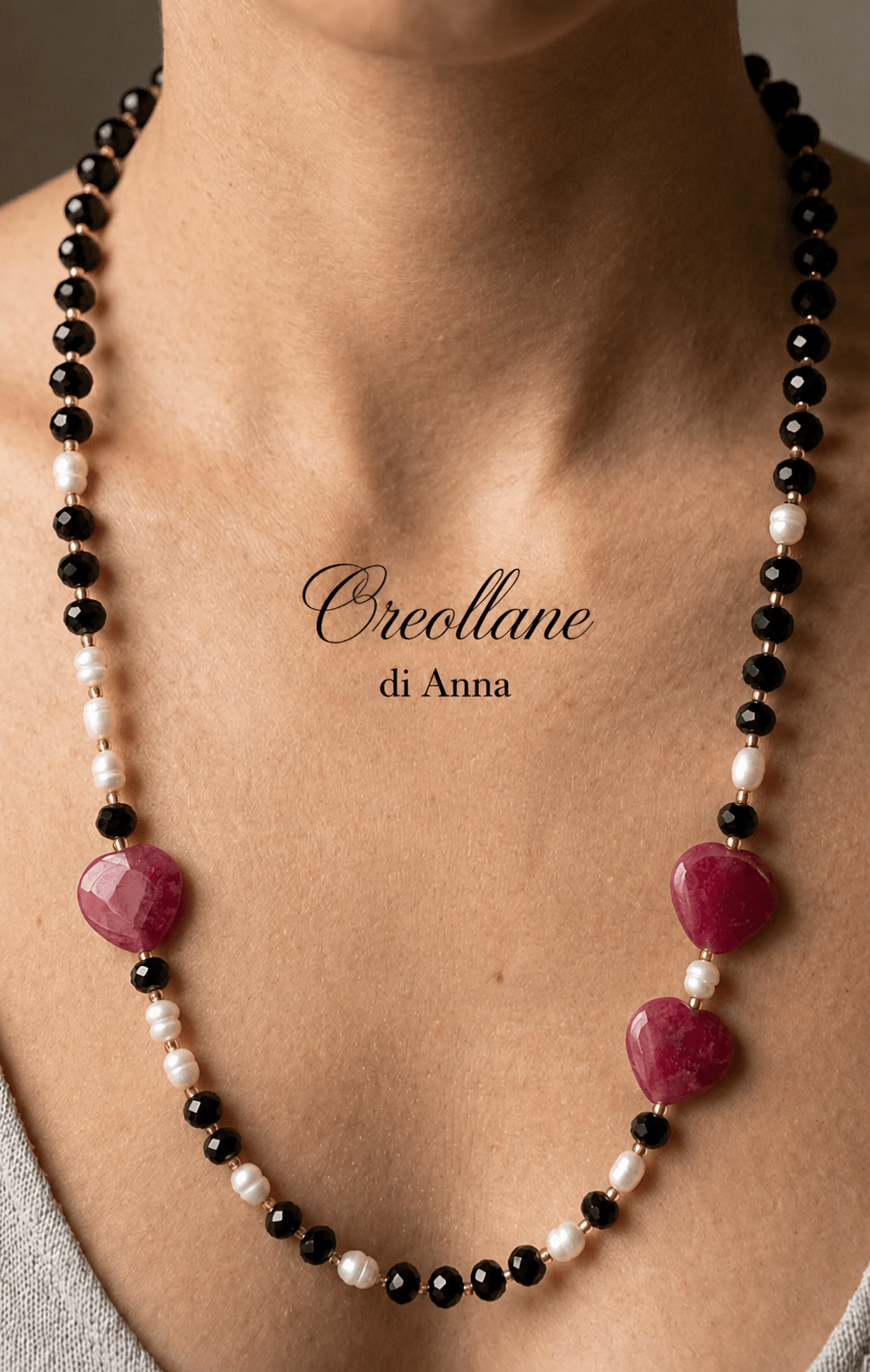 Collane Collana Artigianale Handmade | Calcedonio Nero, Giada Fucsia a Cuore e Perle di Fiume | Made in Italy - Handmade Made in Italy