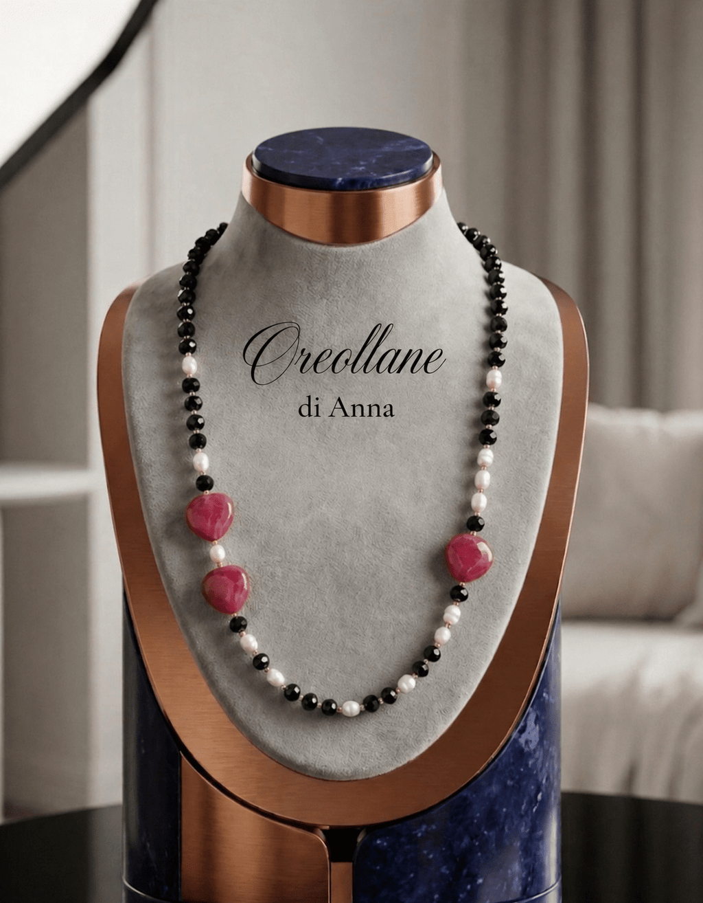 Collane Collana Artigianale Handmade | Calcedonio Nero, Giada Fucsia a Cuore e Perle di Fiume | Made in Italy - Handmade Made in Italy