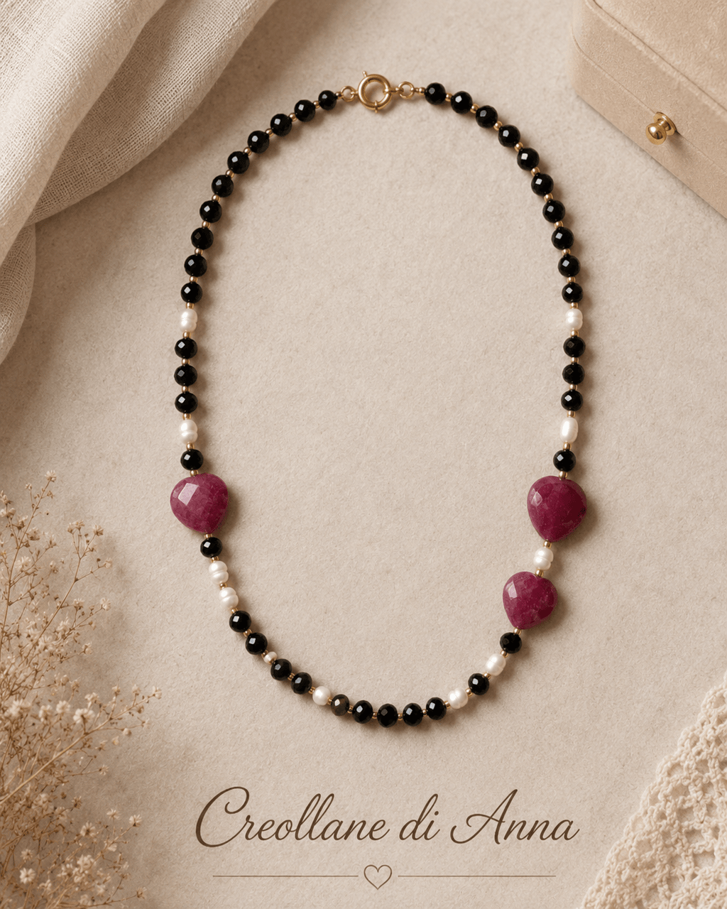 Collane Collana Artigianale Handmade | Calcedonio Nero, Giada Fucsia a Cuore e Perle di Fiume | Made in Italy - Handmade Made in Italy