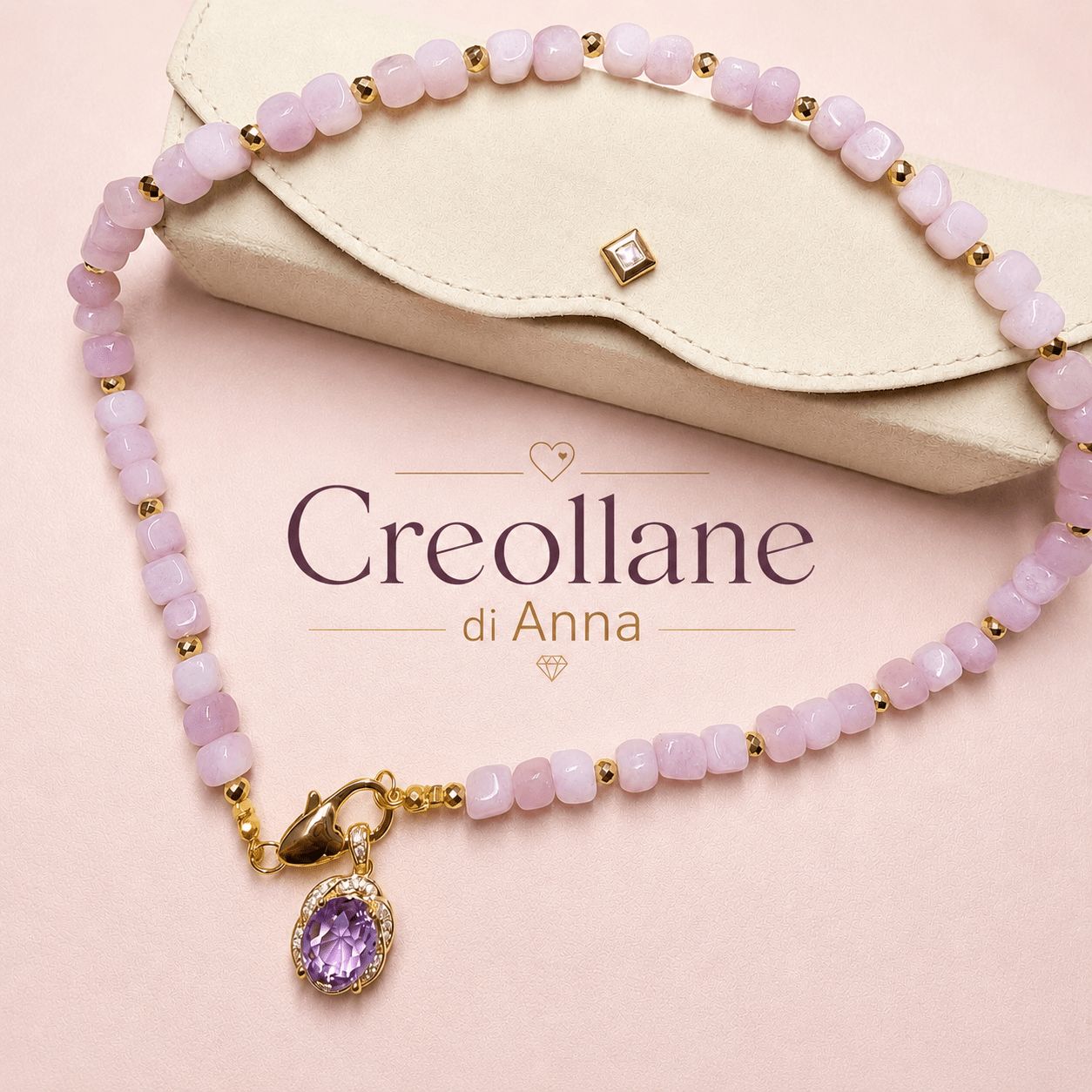Collane Collana Artigianale Handmade | Kunzite Rosa, Ematite Oro e Ciondolo Cristalli Bianchi e Lilla | Made in Italy - Handmade Made in Italy