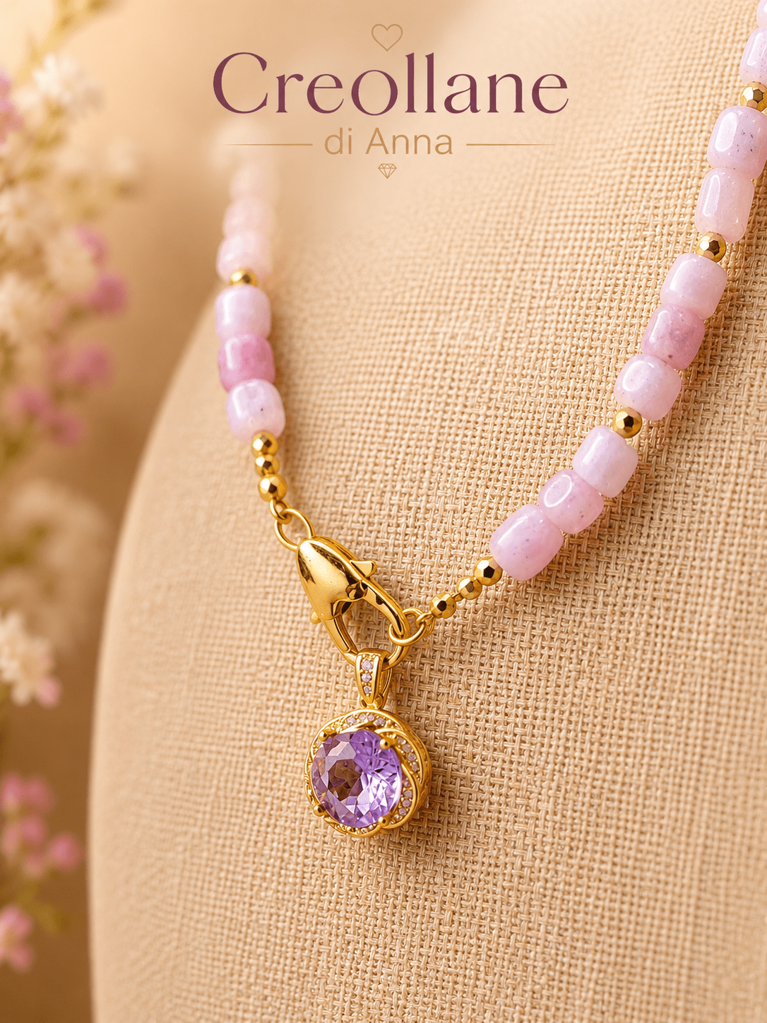 Collane Collana Artigianale Handmade | Kunzite Rosa, Ematite Oro e Ciondolo Cristalli Bianchi e Lilla | Made in Italy - Handmade Made in Italy