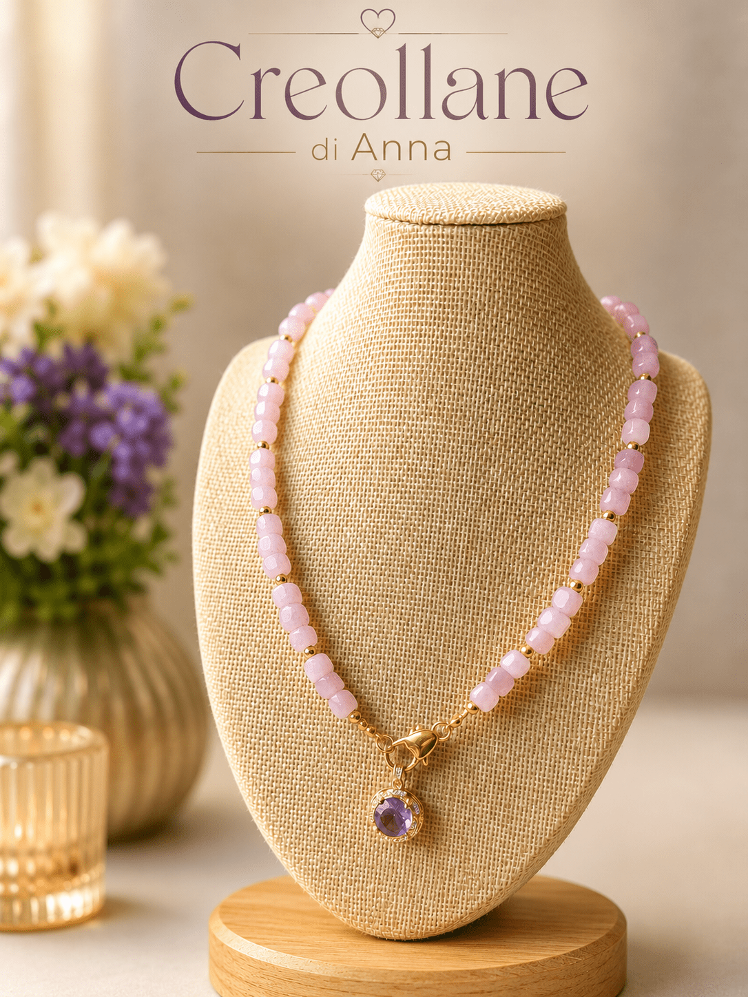 Collane Collana Artigianale Handmade | Kunzite Rosa, Ematite Oro e Ciondolo Cristalli Bianchi e Lilla | Made in Italy - Handmade Made in Italy