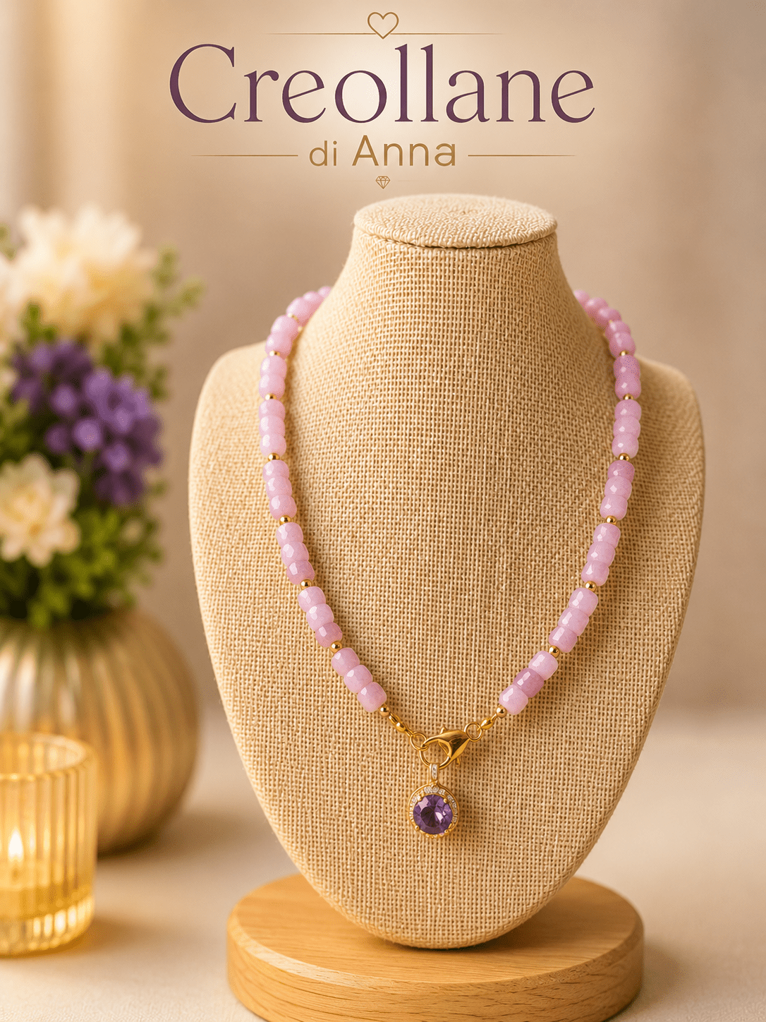 Collane Collana Artigianale Handmade | Kunzite Rosa, Ematite Oro e Ciondolo Cristalli Bianchi e Lilla | Made in Italy - Handmade Made in Italy