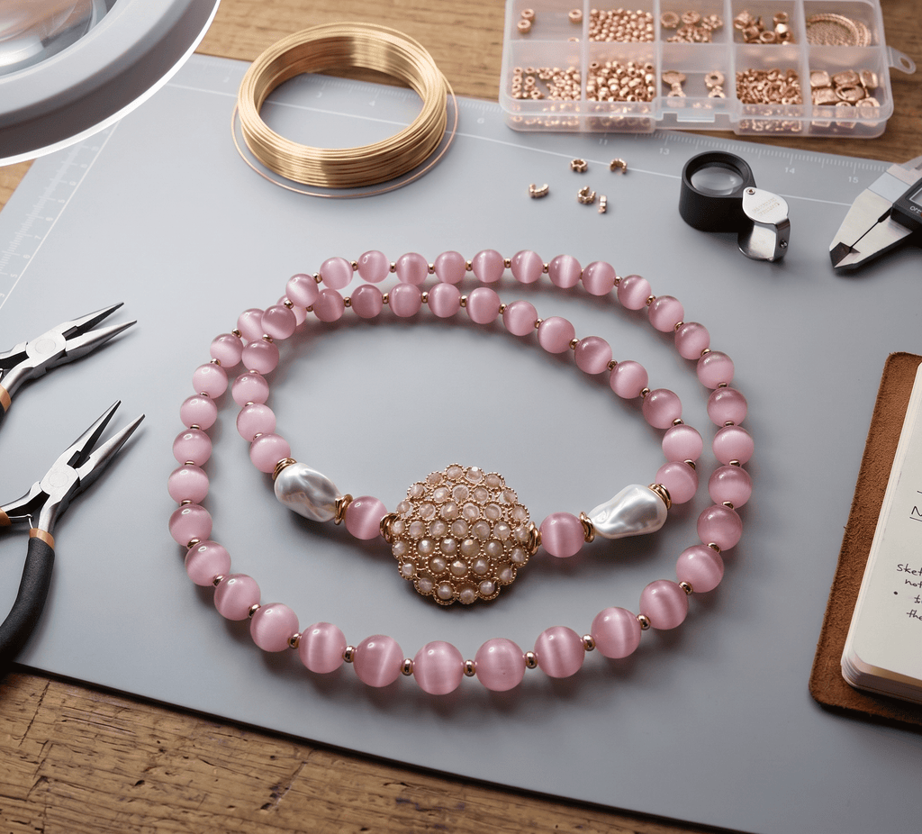 Collane Collana Artigianale Handmade | Occhio di Gatto Rosa, Elemento in Cristalli e Perle | Made in Italy - Handmade Made in Italy