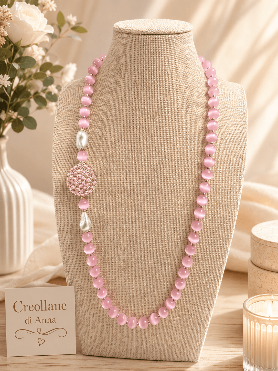 Collane Collana Artigianale Handmade | Occhio di Gatto Rosa, Elemento in Cristalli e Perle | Made in Italy - Handmade Made in Italy