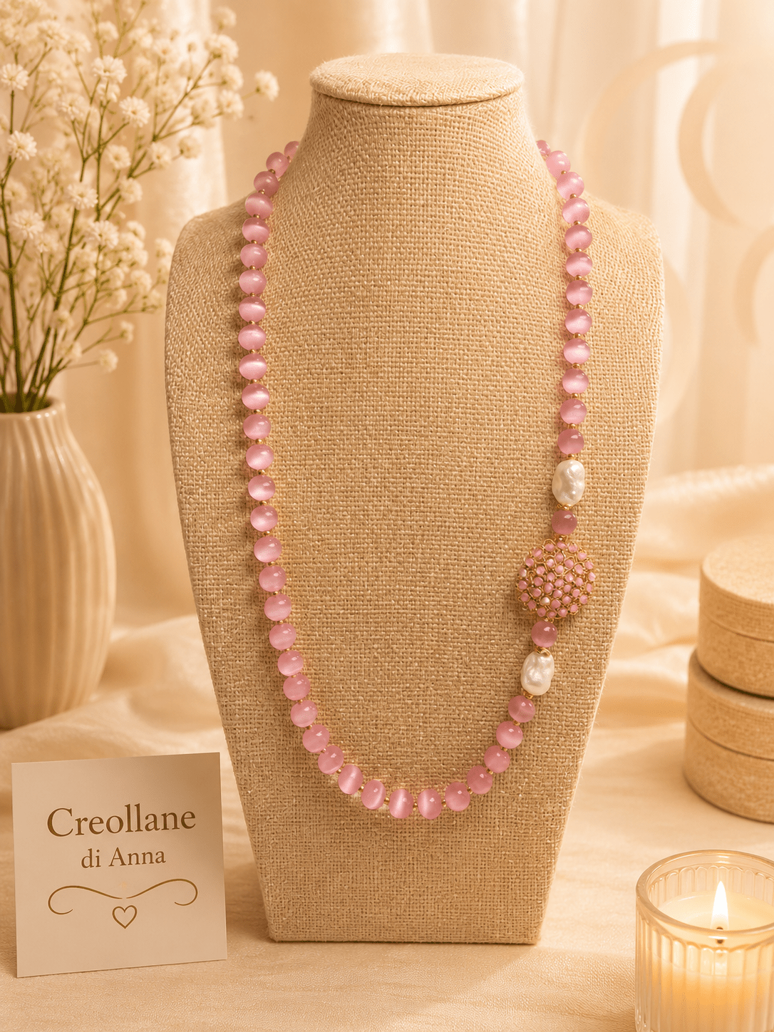 Collane Collana Artigianale Handmade | Occhio di Gatto Rosa, Elemento in Cristalli e Perle | Made in Italy - Handmade Made in Italy