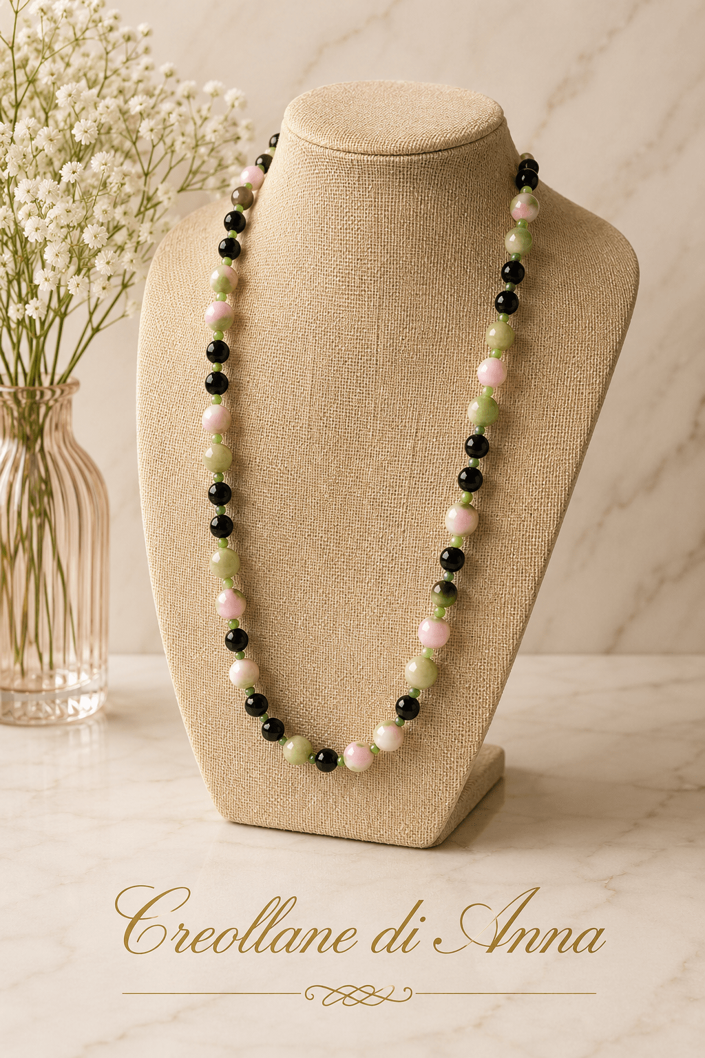 Collane Collana Artigianale Handmade | Onice Nero, Giada Persiana Verde e Rosa, Cristalli Sfaccettati | Made in Italy - Handmade Made in Italy