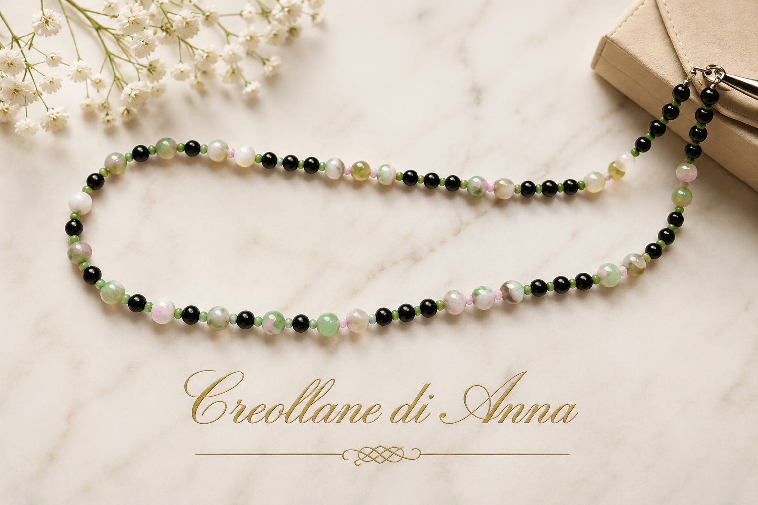 Collane Collana Artigianale Handmade | Onice Nero, Giada Persiana Verde e Rosa, Cristalli Sfaccettati | Made in Italy - Handmade Made in Italy