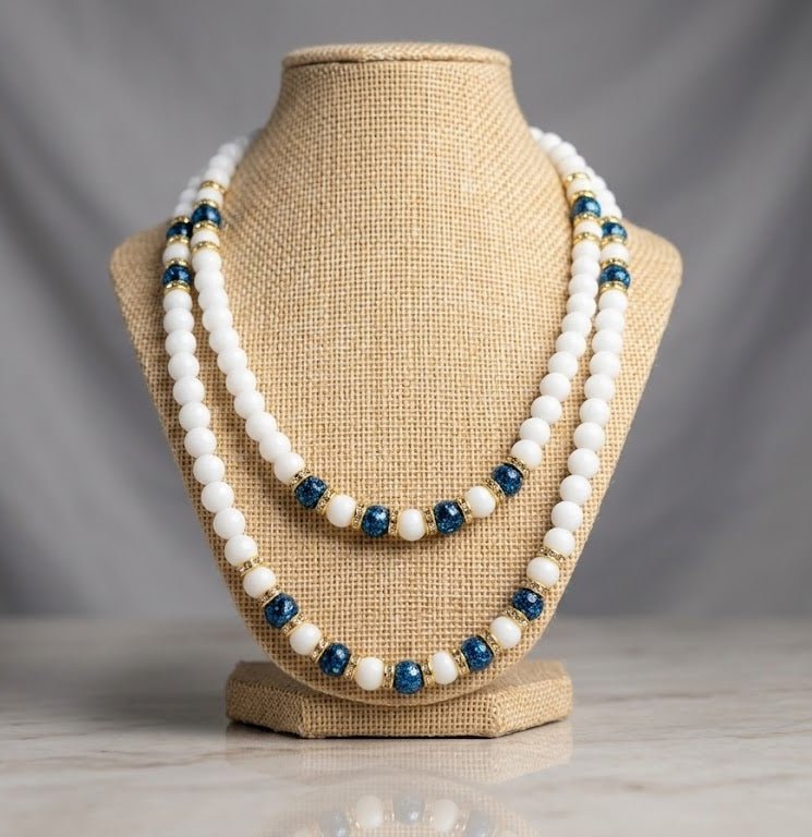 Collane Collana Artigianale Handmade | Opale Bianco, Pietra Vulcanica Blu e Swarovski | Made in Italy - Handmade Made in Italy