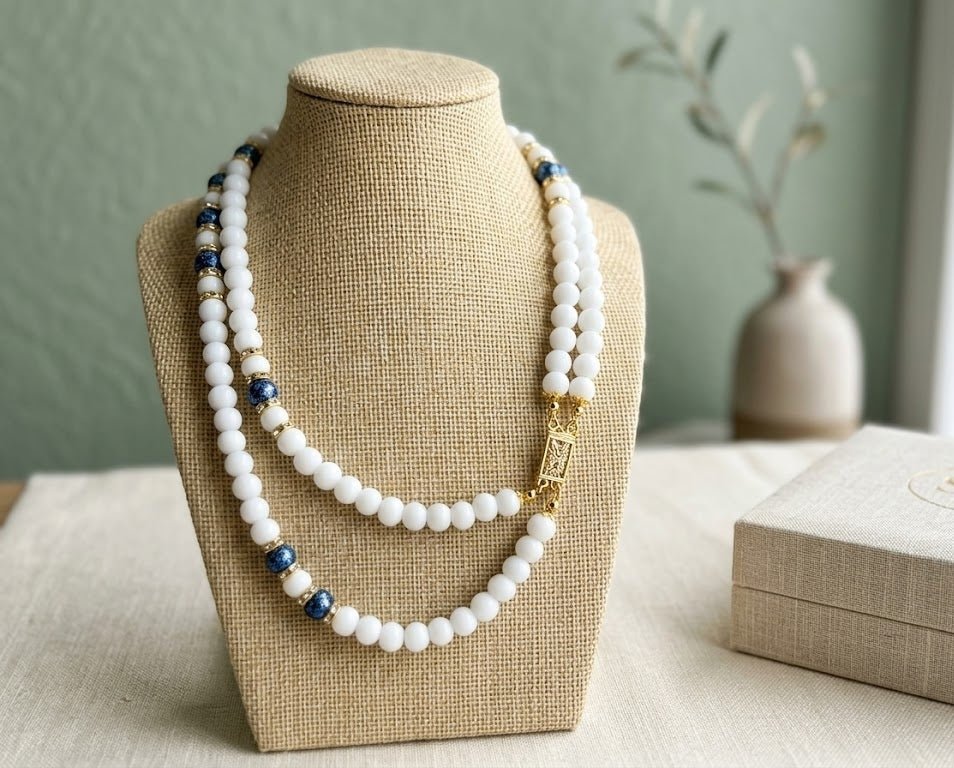 Collane Collana Artigianale Handmade | Opale Bianco, Pietra Vulcanica Blu e Swarovski | Made in Italy - Handmade Made in Italy
