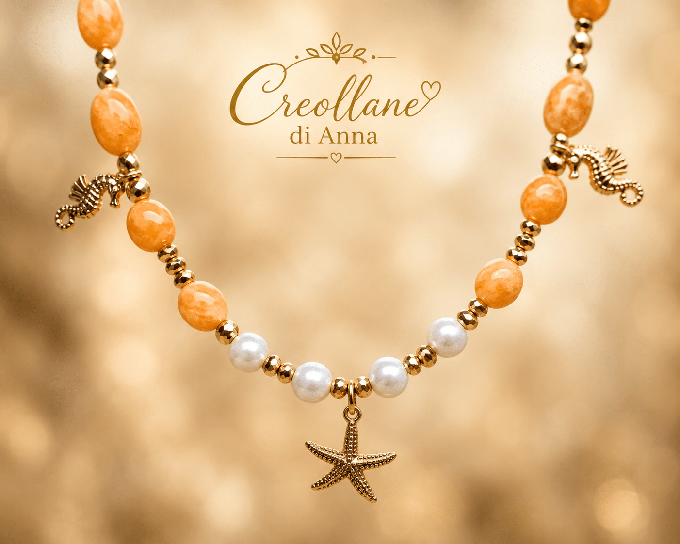Collane Collana Artigianale Handmade | Quarzo Avventurina Arancione, Ematite, Perle di Maiorca e Charm Mare | Made in Italy - Handmade Made in Italy