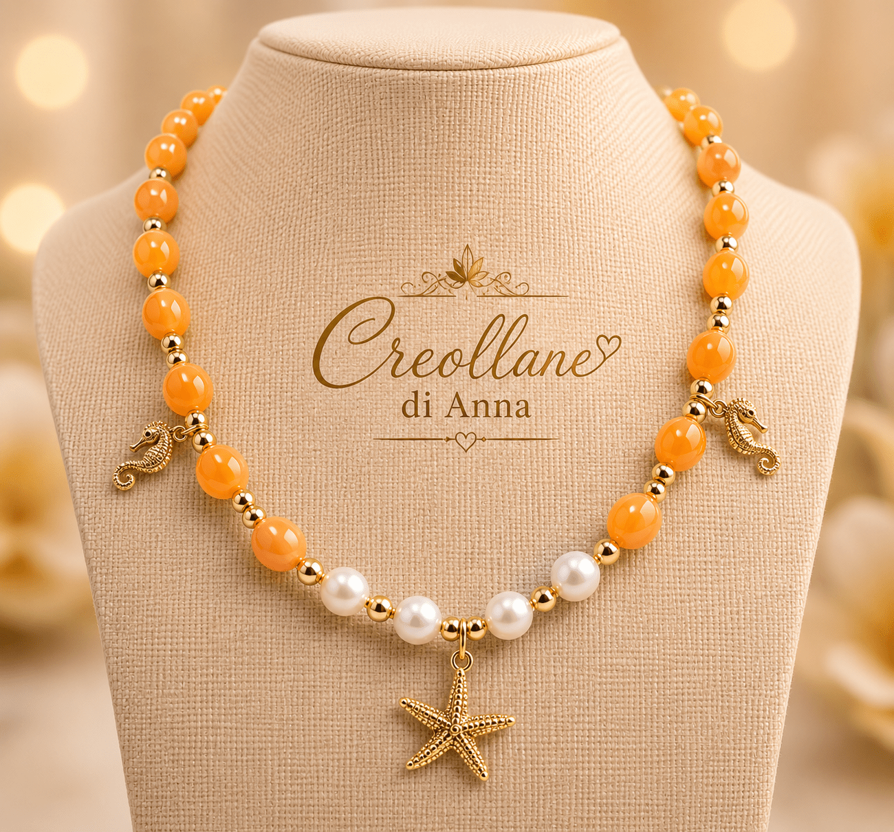 Collane Collana Artigianale Handmade | Quarzo Avventurina Arancione, Ematite, Perle di Maiorca e Charm Mare | Made in Italy - Handmade Made in Italy