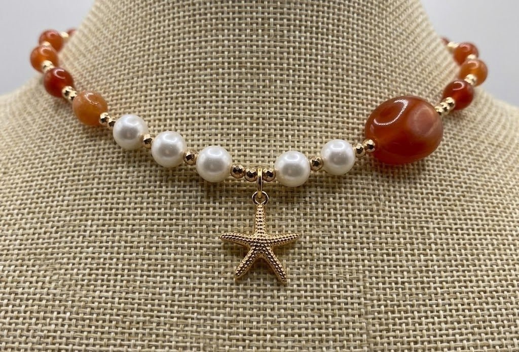 Collane Collana Artigianale Handmade | Quarzo Avventurina Arancione, Ematite, Perle di Maiorca e Charm Mare | Made in Italy - Handmade Made in Italy