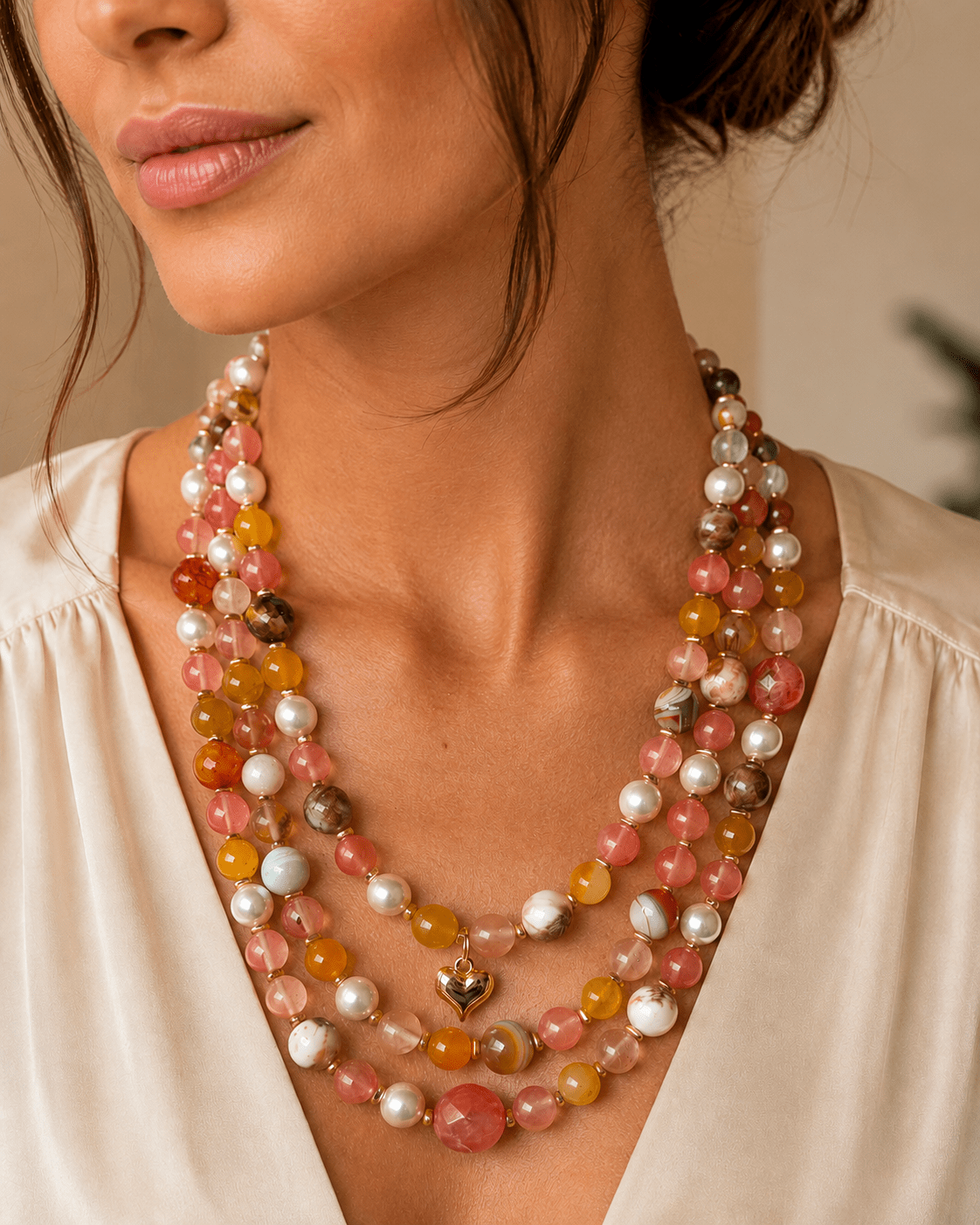 Collane Collana Artigianale Handmade | Quarzo Ciliegia, Agata, Perle Maiorca e Charms Cuore Gold | Made in Italy - Handmade Made in Italy