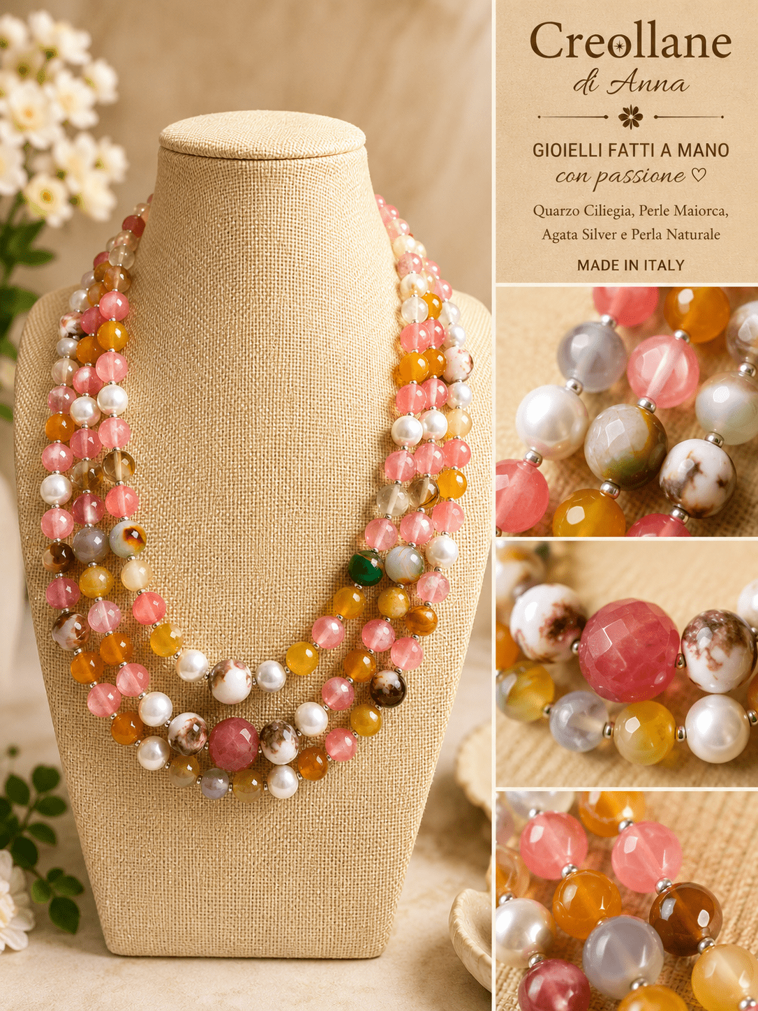 Collane Collana Artigianale Handmade | Quarzo Ciliegia, Perle Maiorca, Agata Silver e Perla Naturale | Made in Italy - Handmade Made in Italy