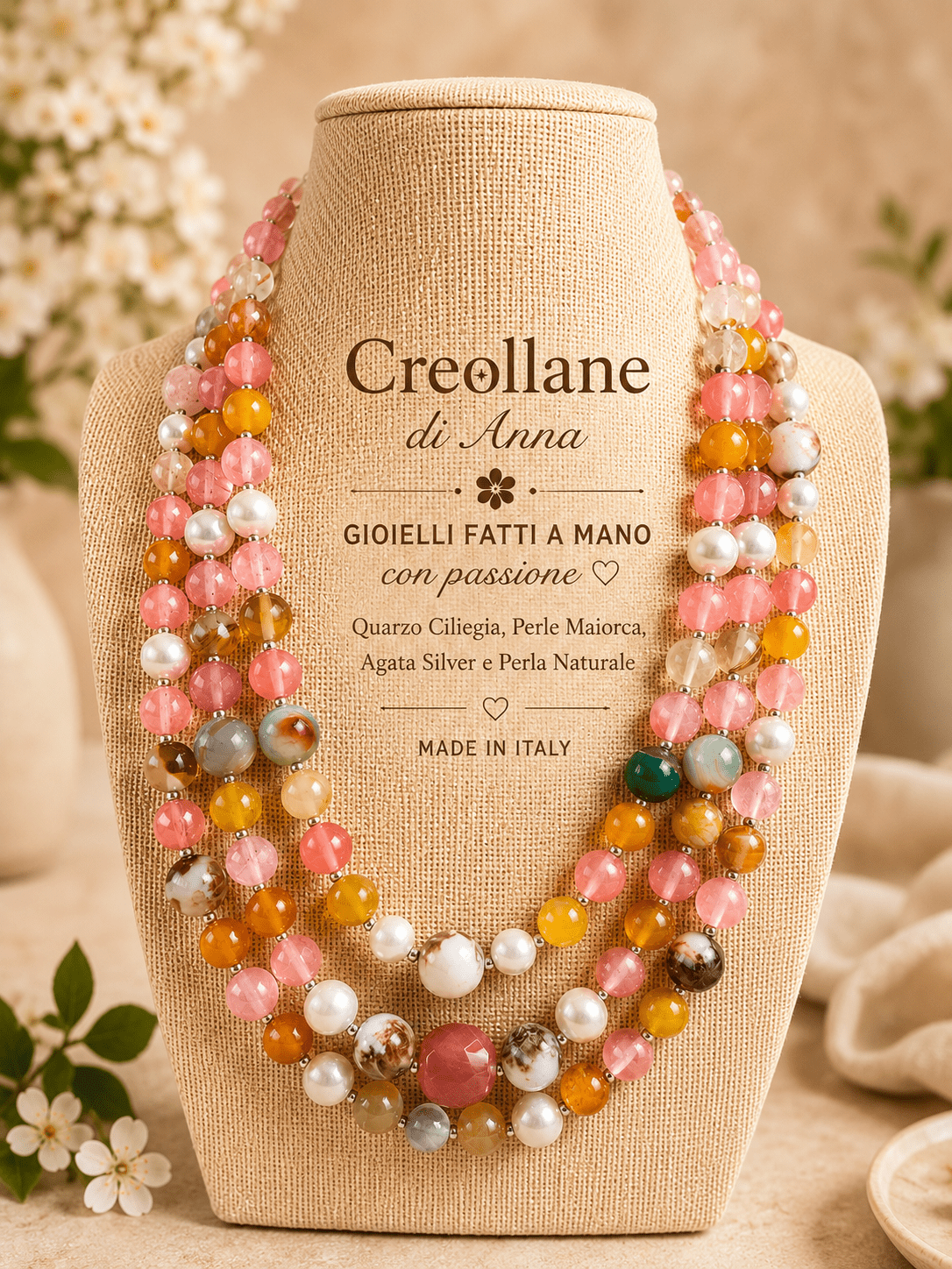 Collane Collana Artigianale Handmade | Quarzo Ciliegia, Perle Maiorca, Agata Silver e Perla Naturale | Made in Italy - Handmade Made in Italy