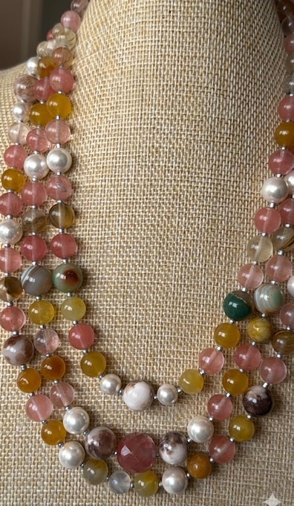 Collane Collana Artigianale Handmade | Quarzo Ciliegia, Perle Maiorca, Agata Silver e Perla Naturale | Made in Italy - Handmade Made in Italy