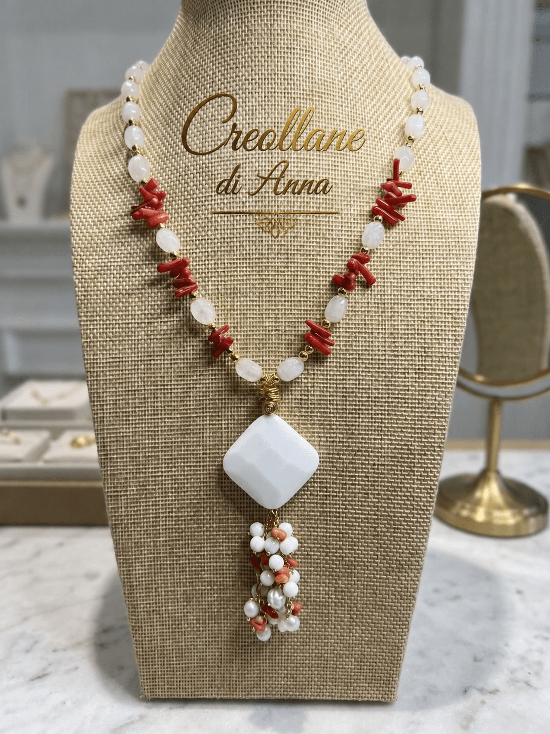 Collane Collana Artigianale Handmade | Quarzo Latteo, Corallo Bambù e Opale Bianco | Made in Italy - Handmade Made in Italy