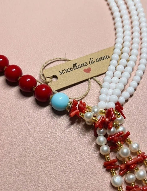 Collane Collana con pietre naturali di opale, corallo e perle di Maiorca | Handmade Italia - Handmade Made in Italy