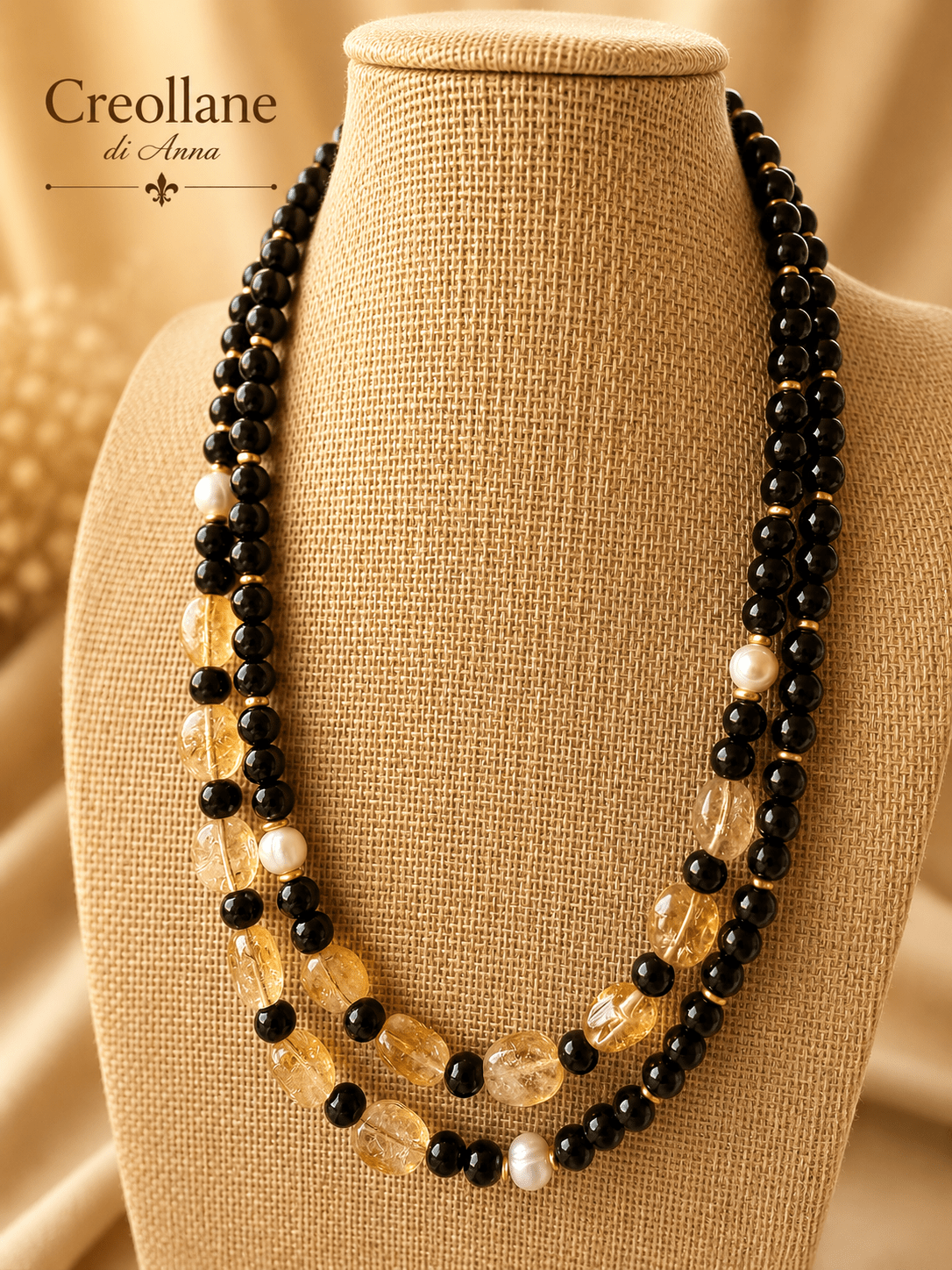 Collane Collana Doppio Filo Artigianale Handmade | Onice Nero, Perle di Fiume e Quarzo Citrino | Made in Italy - Handmade Made in Italy