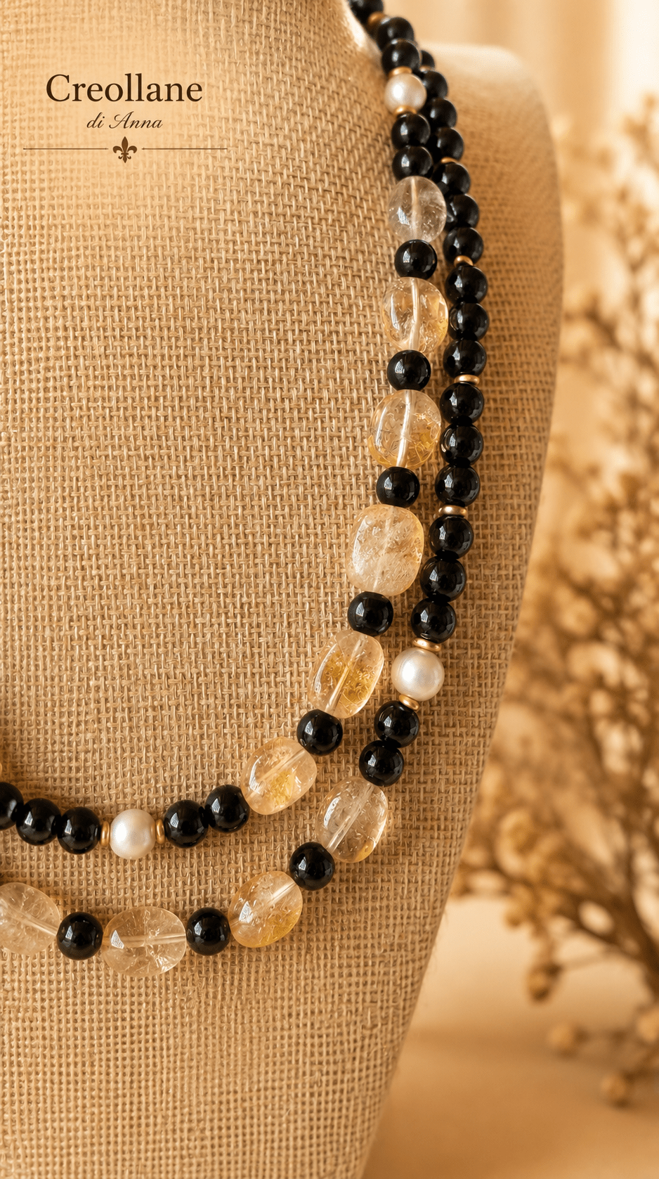 Collane Collana Doppio Filo Artigianale Handmade | Onice Nero, Perle di Fiume e Quarzo Citrino | Made in Italy - Handmade Made in Italy