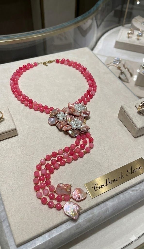Collane Collana doppio filo in pietra naturale rodocrosite e madreperla | Handmade Italia - Handmade Made in Italy