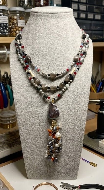 Collane Collana Girocollo a Tre Fili in Diaspro Picasso, Perle e Pasta di Corallo | Handmade - Handmade Made in Italy