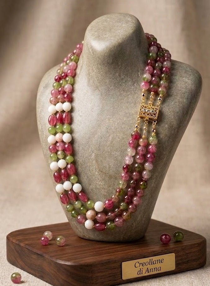 Collane Collana Girocollo a Tre Fili in Giada, Occhio di Gatto e Perla Naturale | Handmade Italia - Handmade Made in Italy