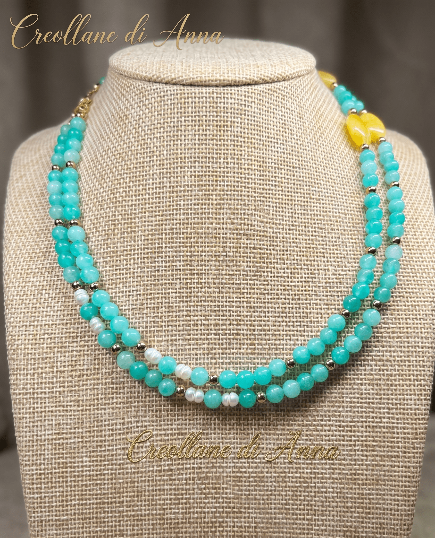 Collane Collana Girocollo Doppio Filo Artigianale Handmade | Crisoprasio, Giada, Perle di Fiume ed Ematite | Made in Italy - Handmade Made in Italy