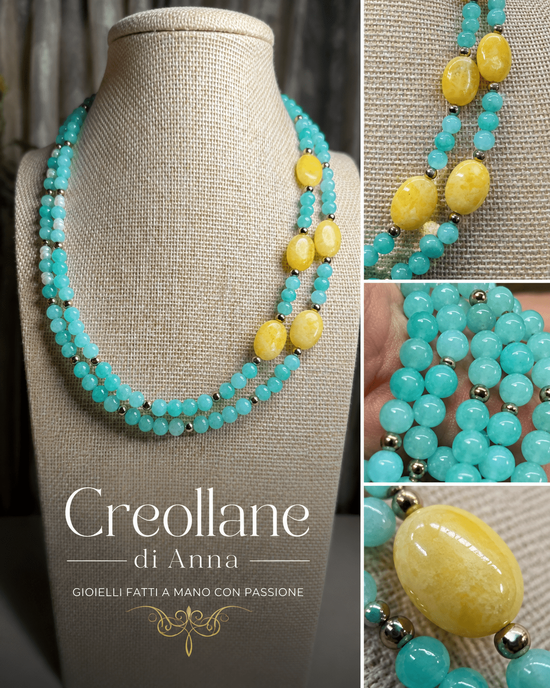 Collane Collana Girocollo Doppio Filo Artigianale Handmade | Crisoprasio, Giada, Perle di Fiume ed Ematite | Made in Italy - Handmade Made in Italy