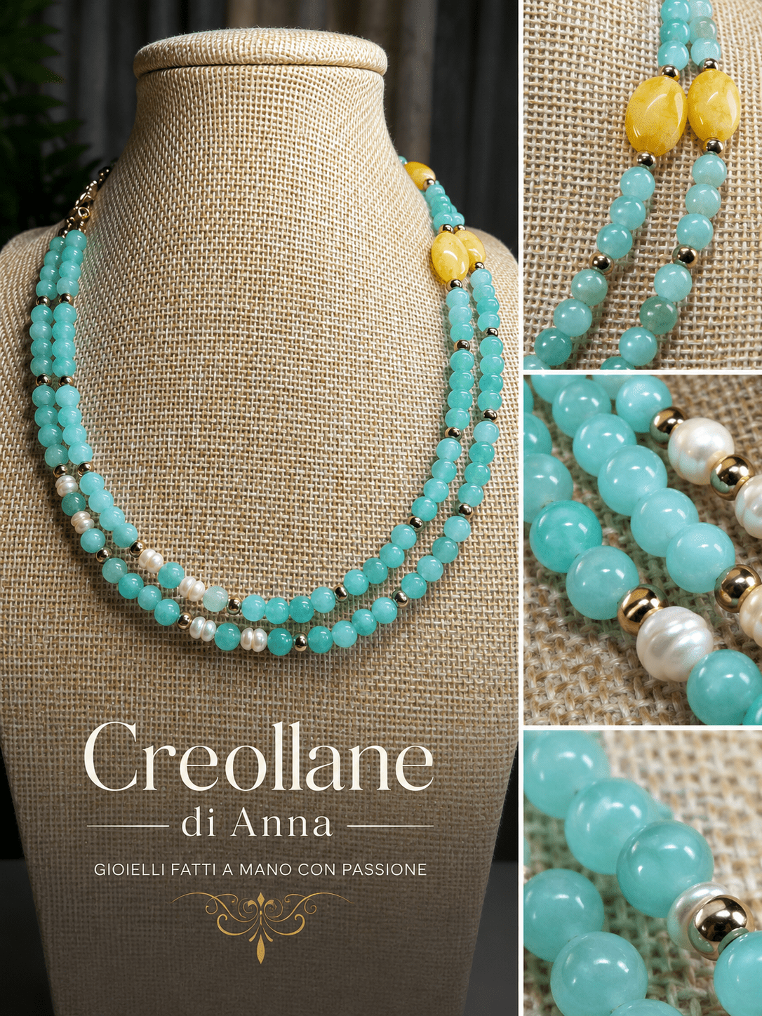 Collane Collana Girocollo Doppio Filo Artigianale Handmade | Crisoprasio, Giada, Perle di Fiume ed Ematite | Made in Italy - Handmade Made in Italy